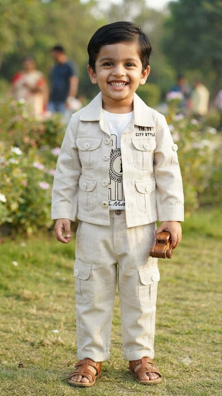 Kids Beige Casual Cargo Jacket & Pants Set with T-Shirt | Olecuzi