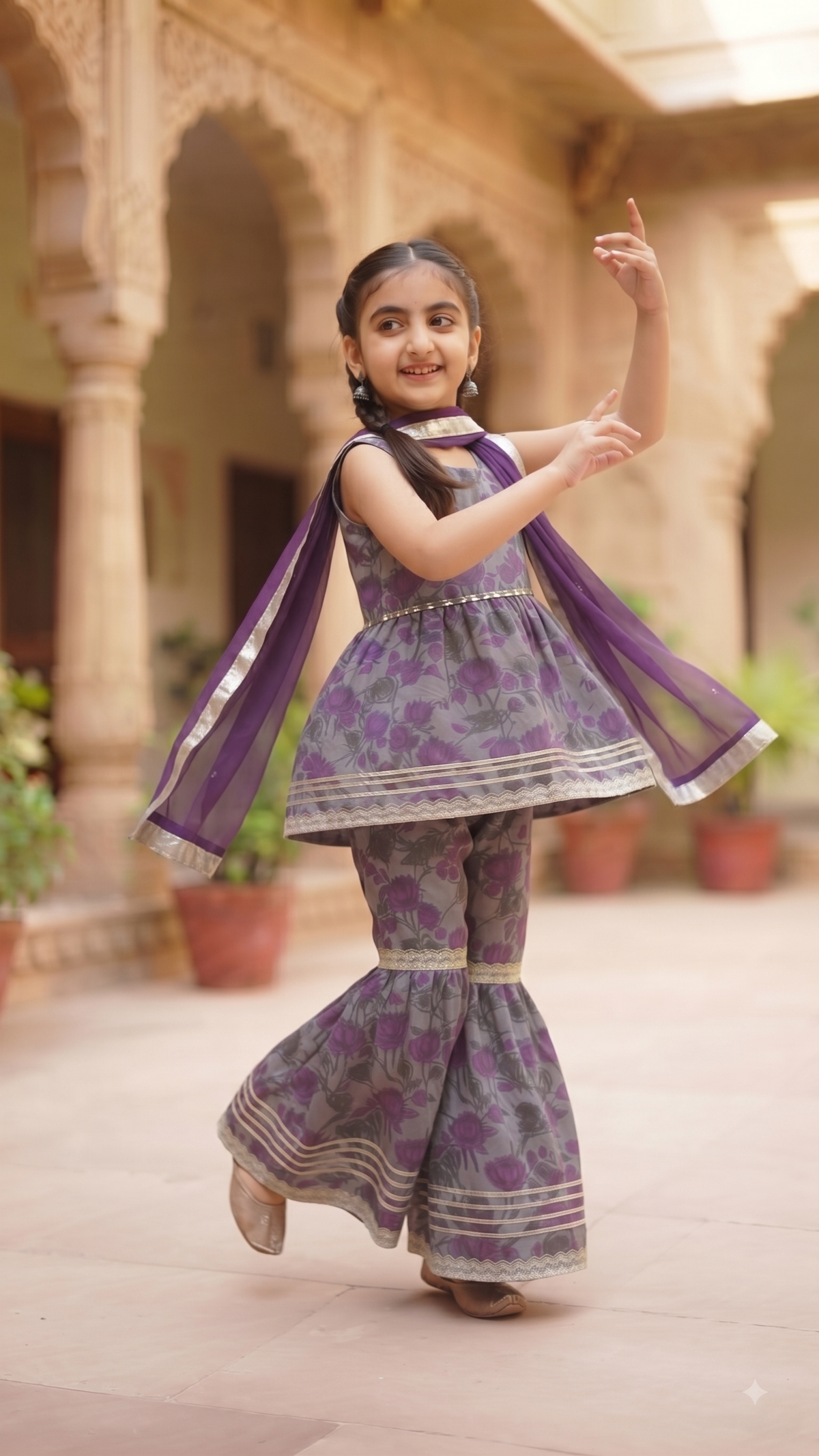 Purple Floral Peplum Sharara Set for Girls