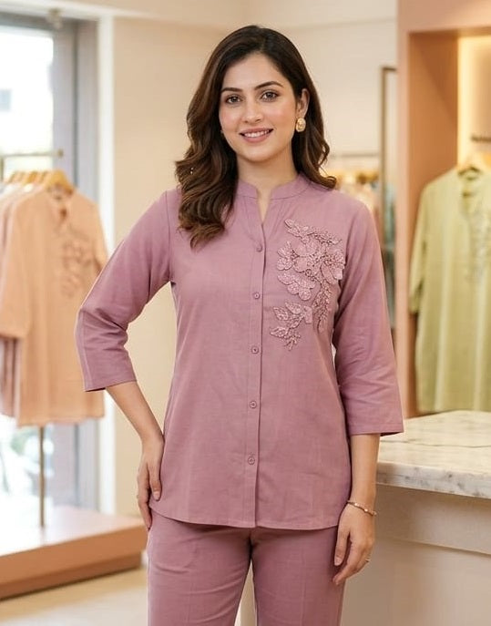 Peach Floral Embroidered Button-Down Co-ord Set for Women 5163