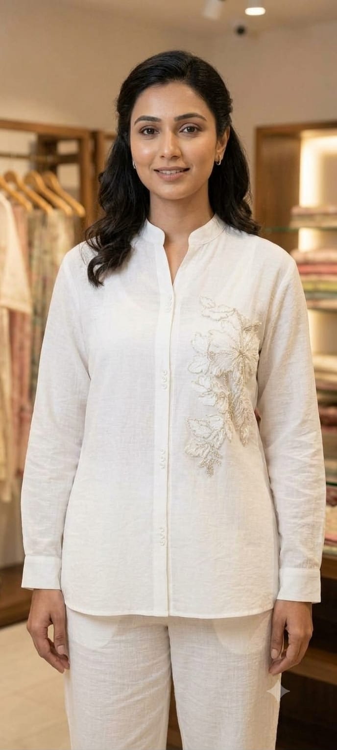 Peach Floral Embroidered Button-Down Co-ord Set for Women 5163
