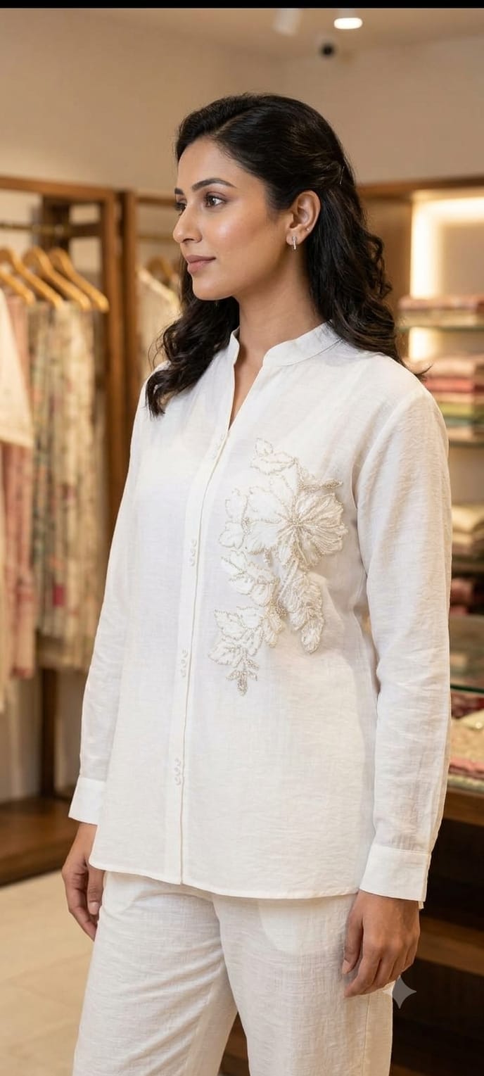 Peach Floral Embroidered Button-Down Co-ord Set for Women 5163