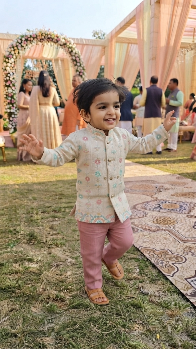 Boys Embroidered Cream Sherwani Kurta with Mauve Trousers Set – Kids Festive Wear