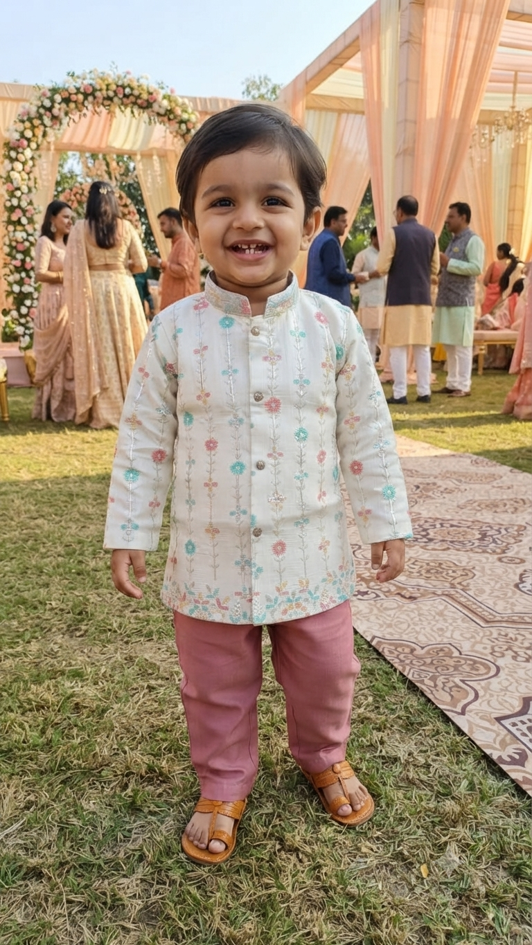 Boys Embroidered Cream Sherwani Kurta with Mauve Trousers Set – Kids Festive Wear
