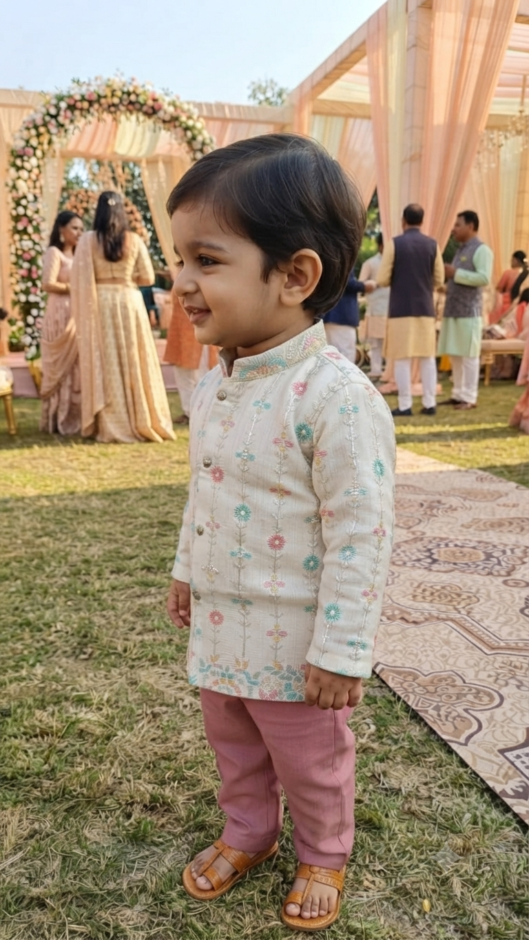 Boys Embroidered Cream Sherwani Kurta with Mauve Trousers Set – Kids Festive Wear