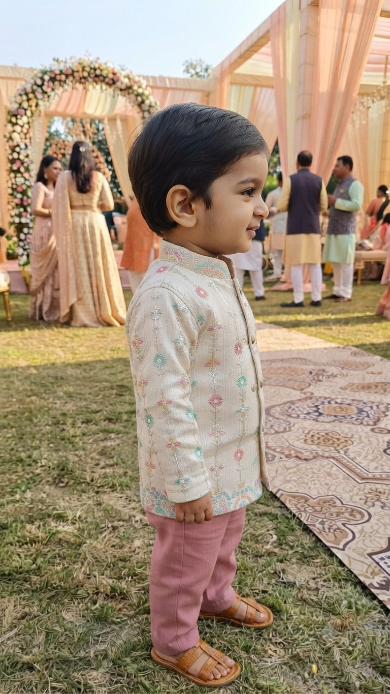 Boys Embroidered Cream Sherwani Kurta with Mauve Trousers Set – Kids Festive Wear