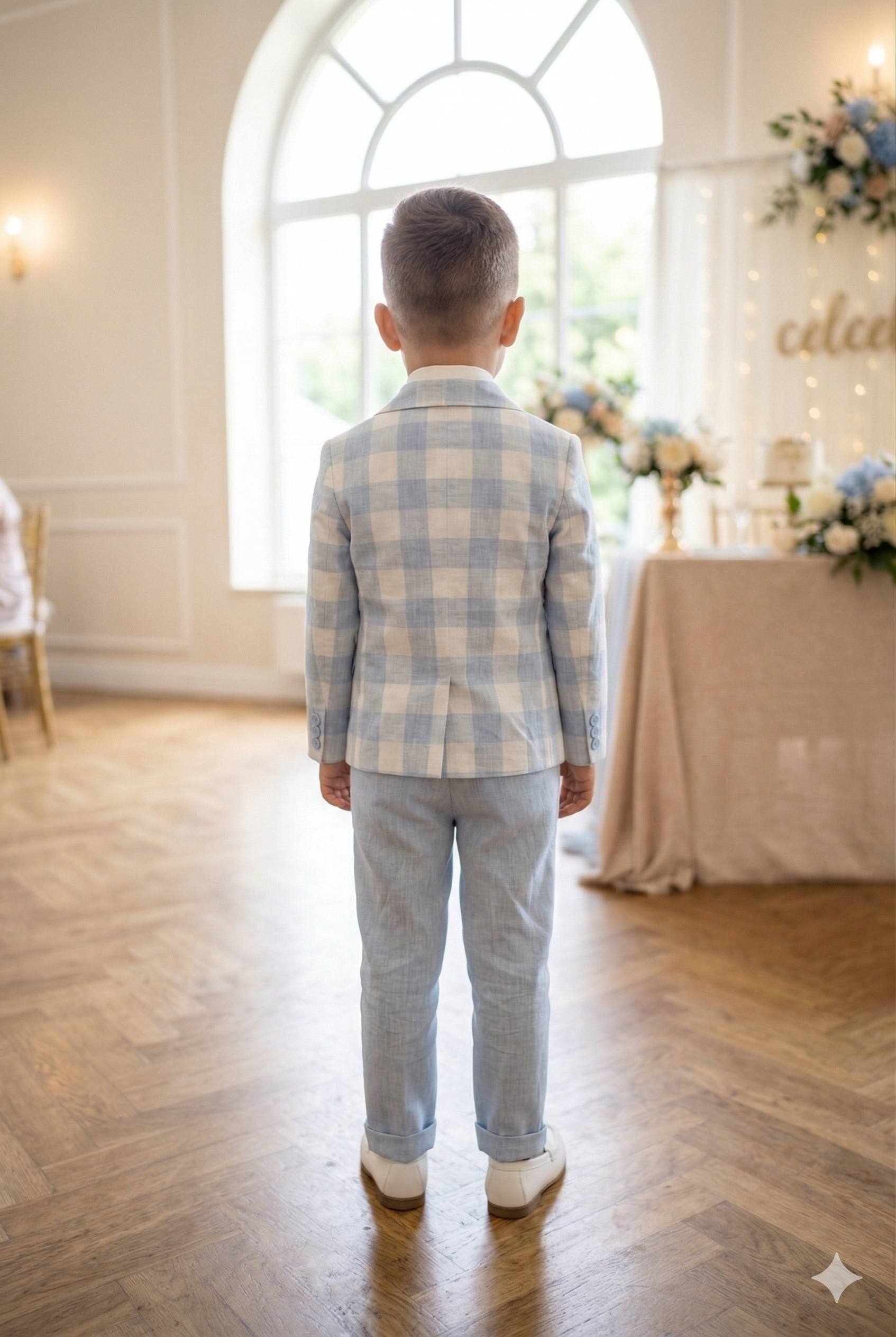 Boys' Light Blue Checkered Blazer and Trouser Suit Set | Formal Occasion Wear | Olecuzi