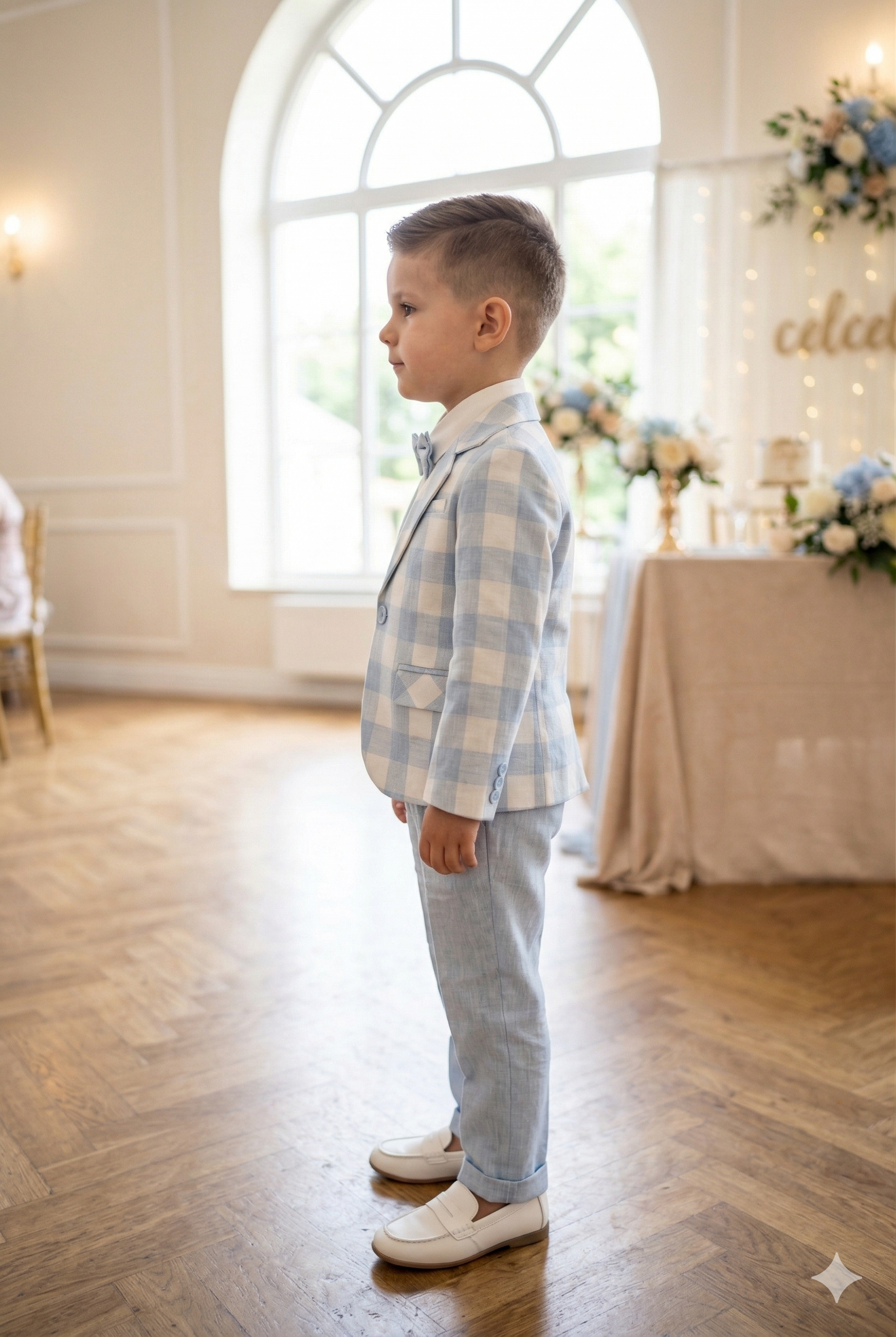 Boys' Light Blue Checkered Blazer and Trouser Suit Set | Formal Occasion Wear | Olecuzi