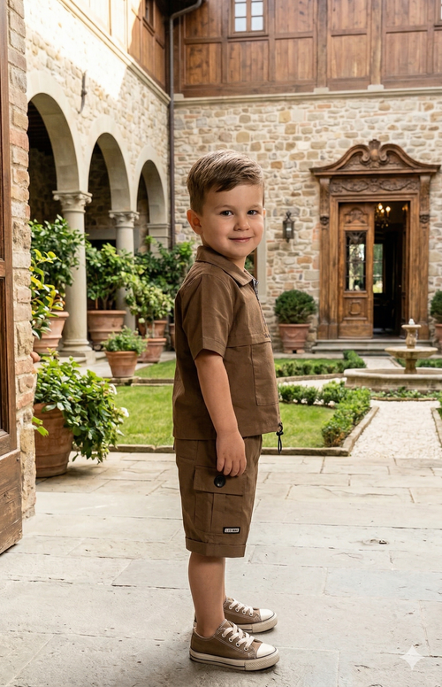 Boys' Brown Quarter-Zip Shirt and Cargo Shorts Set | Stylish Kids Apparel | Olecuzi