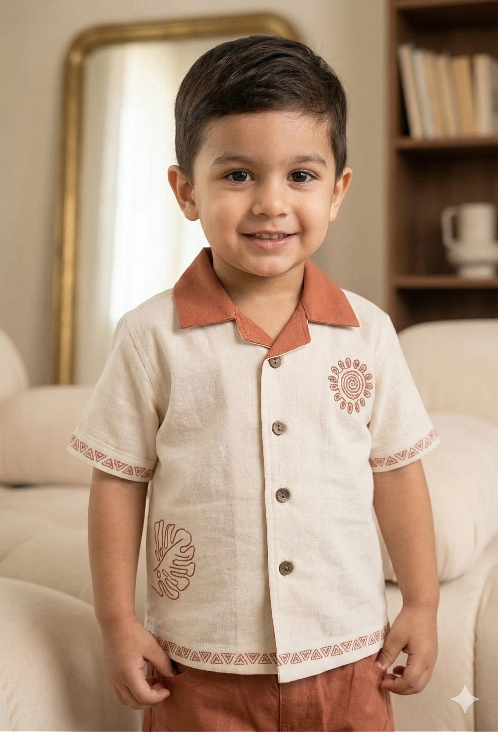 Boys' Earthy Tone Linen-Look Shirt with Geometric Details | Olecuzi