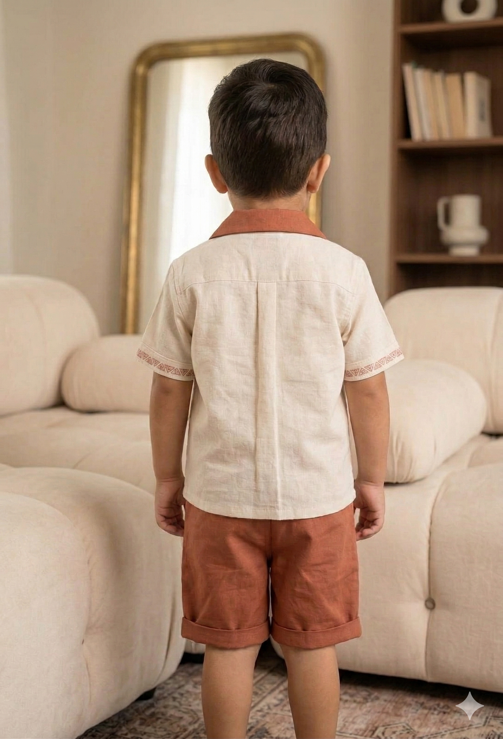 Boys' Earthy Tone Linen-Look Shirt with Geometric Details | Olecuzi