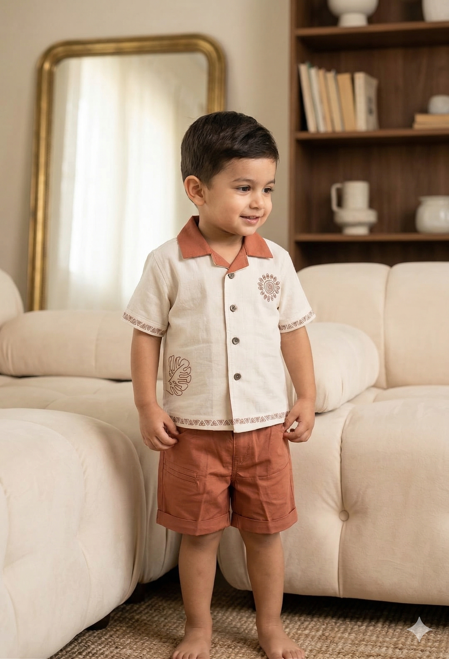 Boys' Earthy Tone Linen-Look Shirt with Geometric Details | Olecuzi