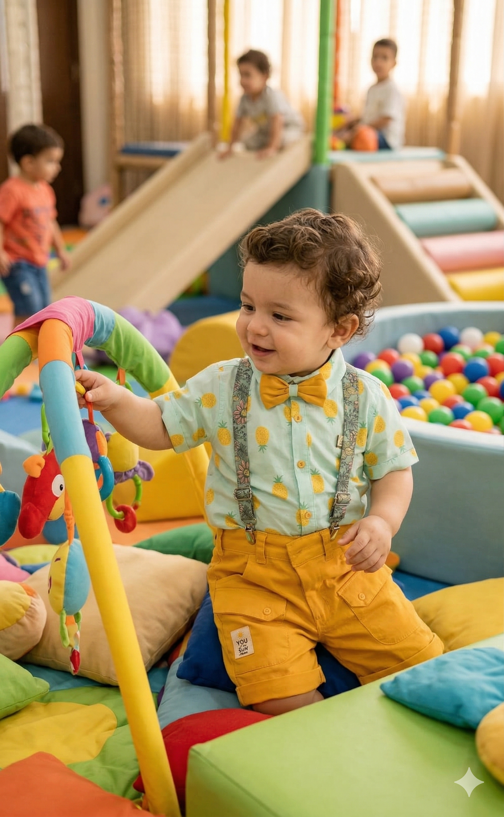 Kids Pineapple Print Shirt with Mustard Shorts & Suspender Set | Olecuzi