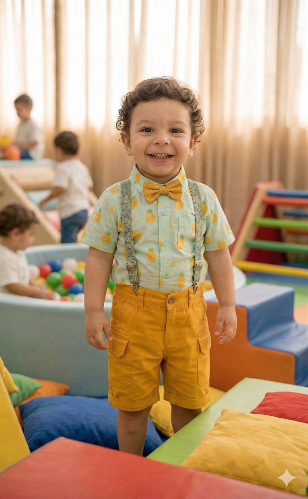 Kids Pineapple Print Shirt with Mustard Shorts & Suspender Set | Olecuzi