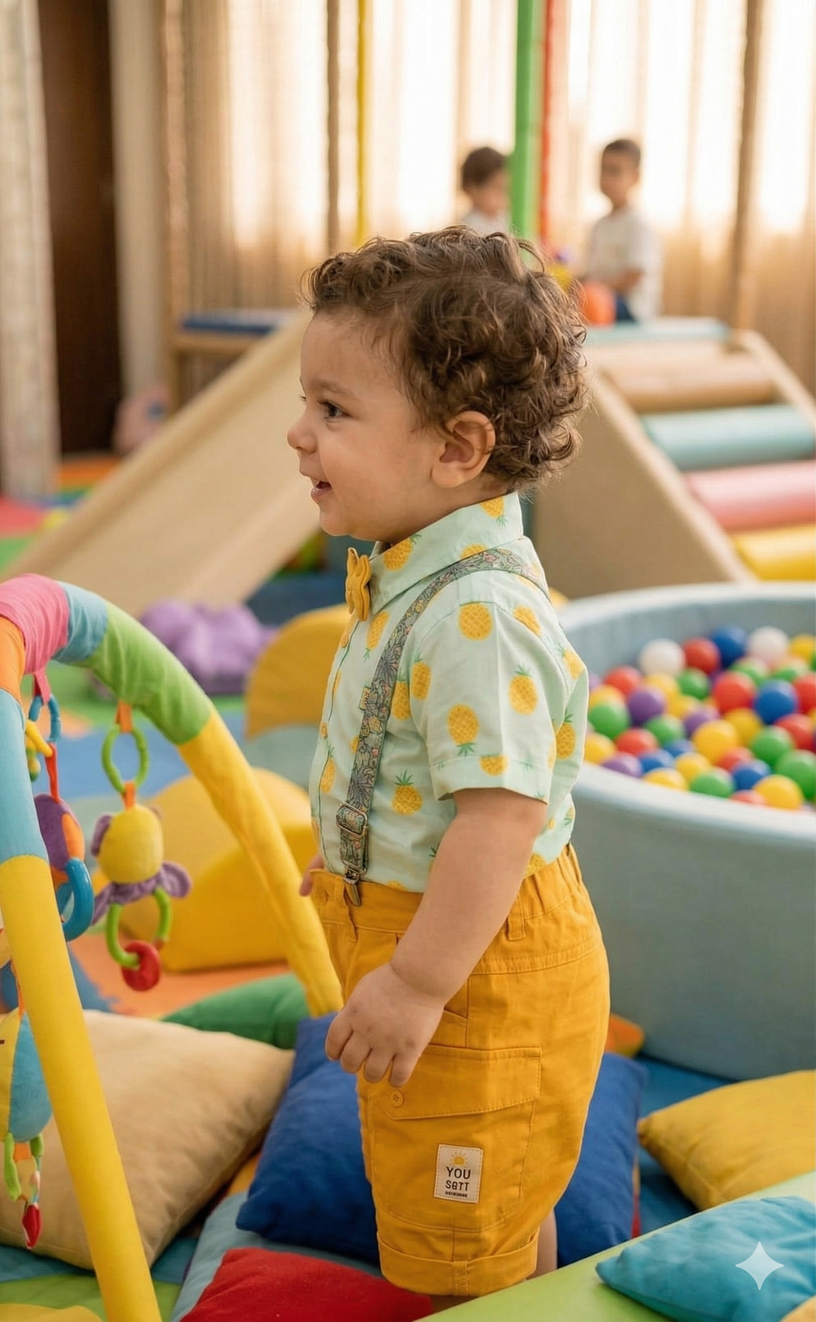 Kids Pineapple Print Shirt with Mustard Shorts & Suspender Set | Olecuzi