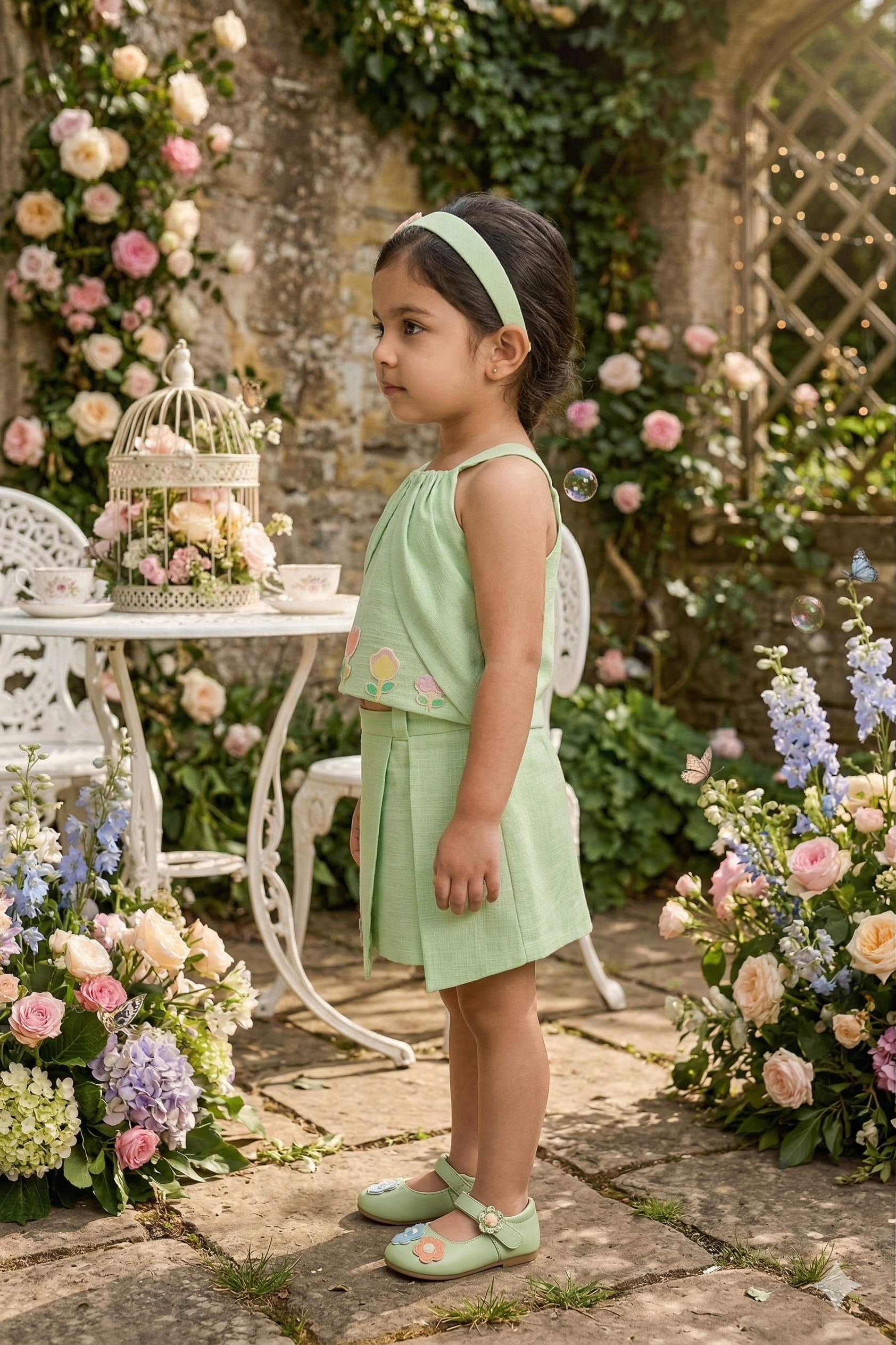 Charming Pastel Green Floral Co-ord Set for Girls | Spring Casual Wear - Olecuzi