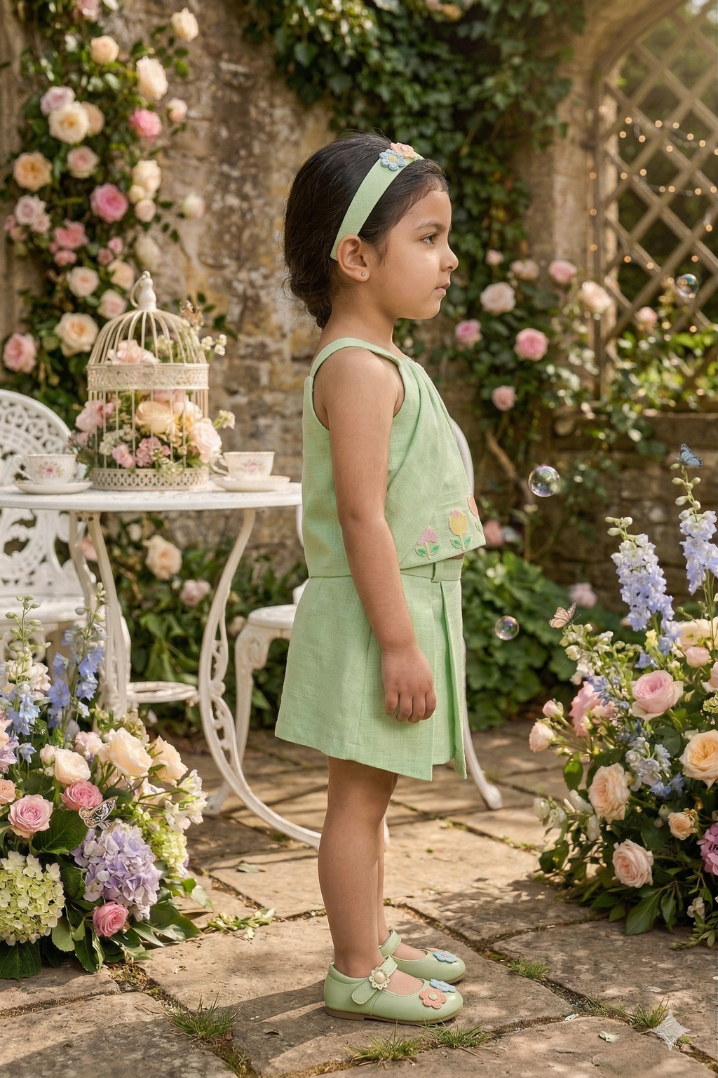 Charming Pastel Green Floral Co-ord Set for Girls | Spring Casual Wear - Olecuzi