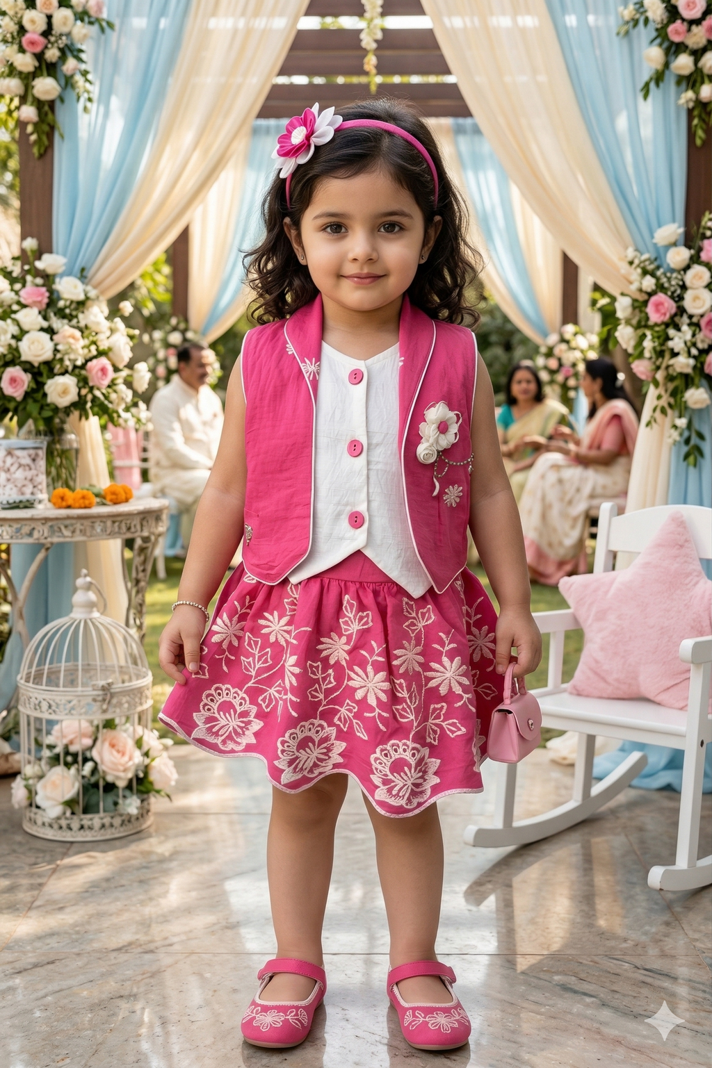 Elegant Pink & White Ethnic Set with Top and Shrug for Girls | Festive Party Wear - Olecuzi