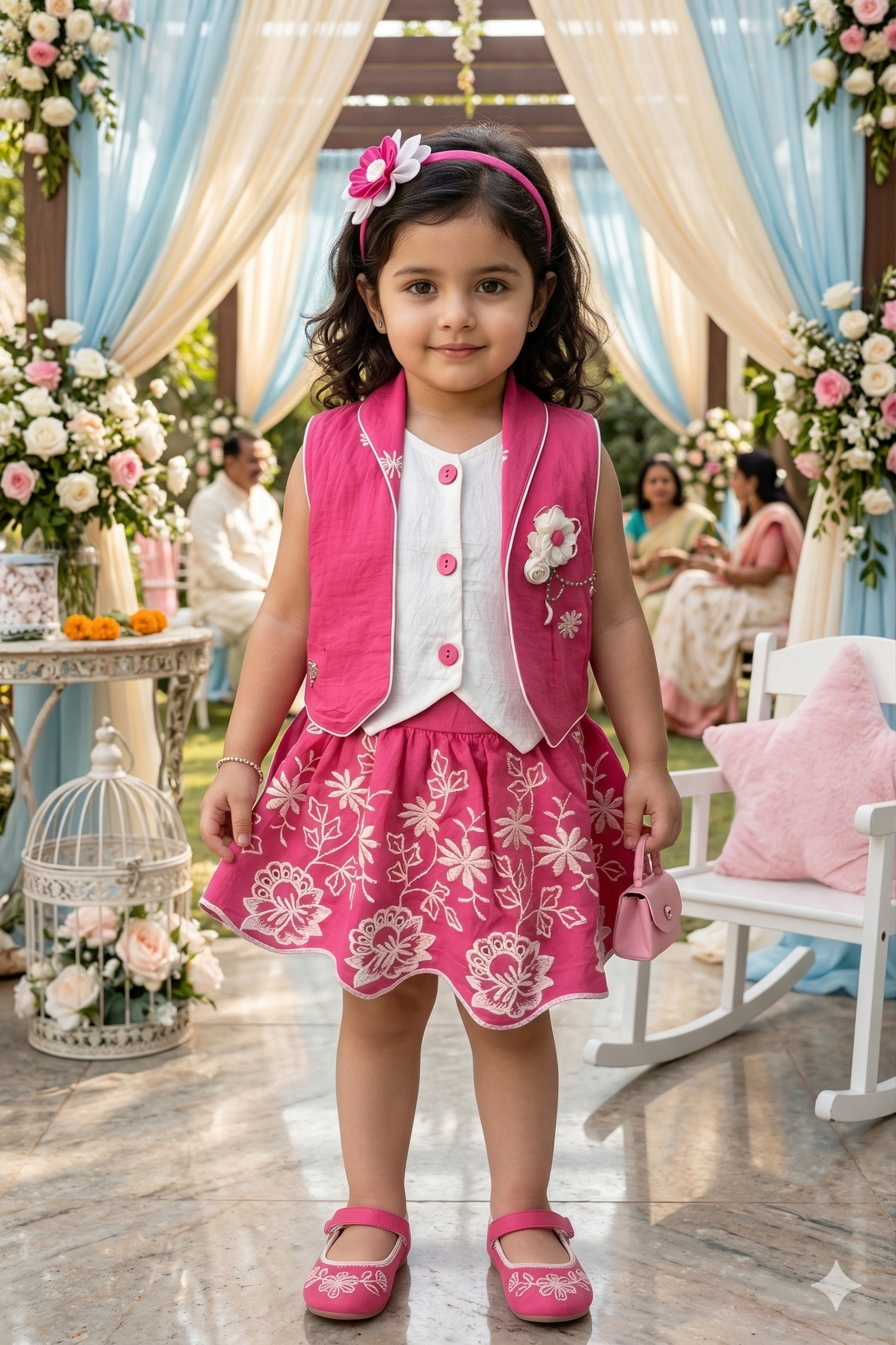 Elegant Pink & White Ethnic Set with Top and Shrug for Girls | Festive Party Wear - Olecuzi