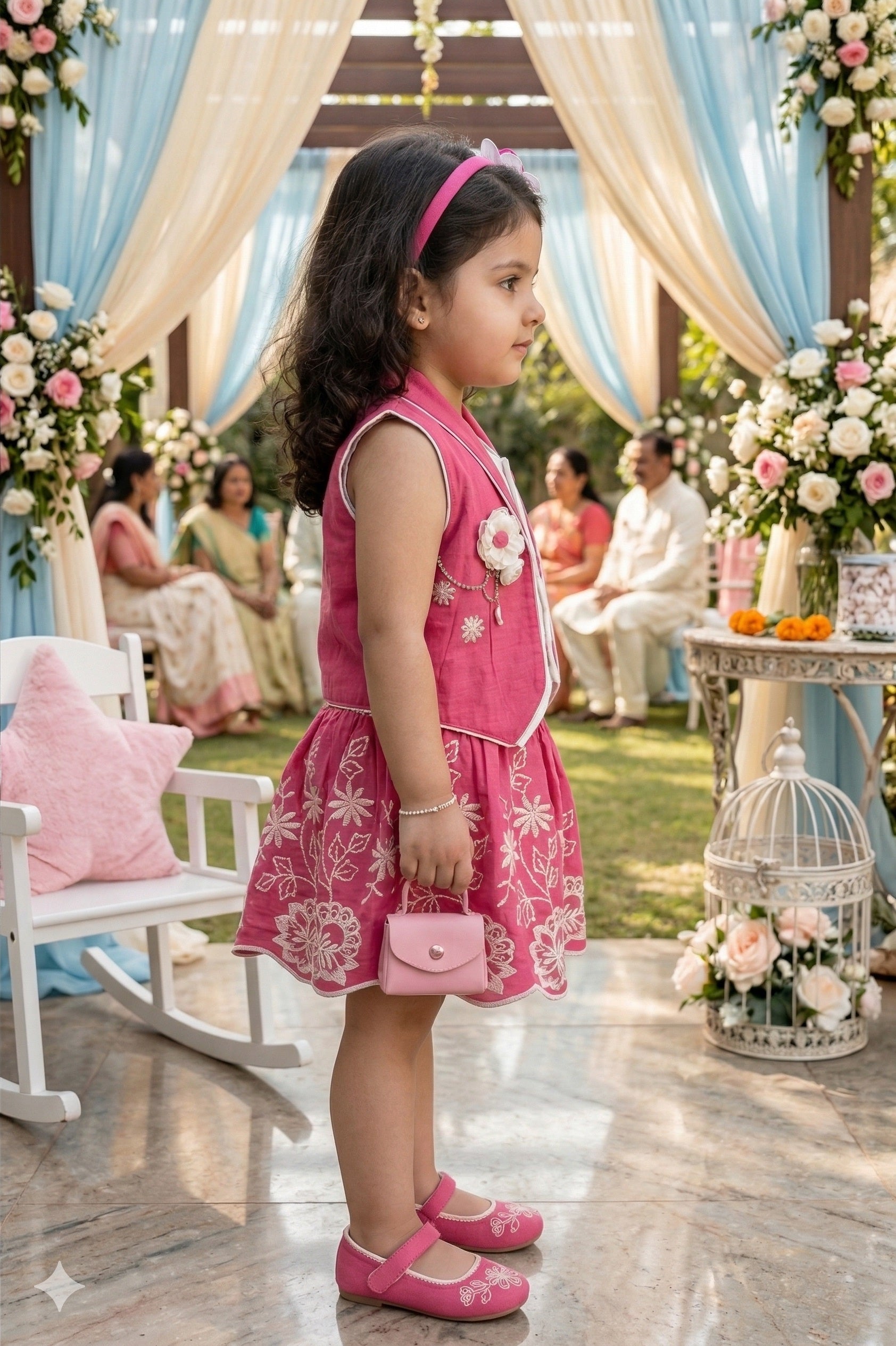 Elegant Pink & White Ethnic Set with Top and Shrug for Girls | Festive Party Wear - Olecuzi