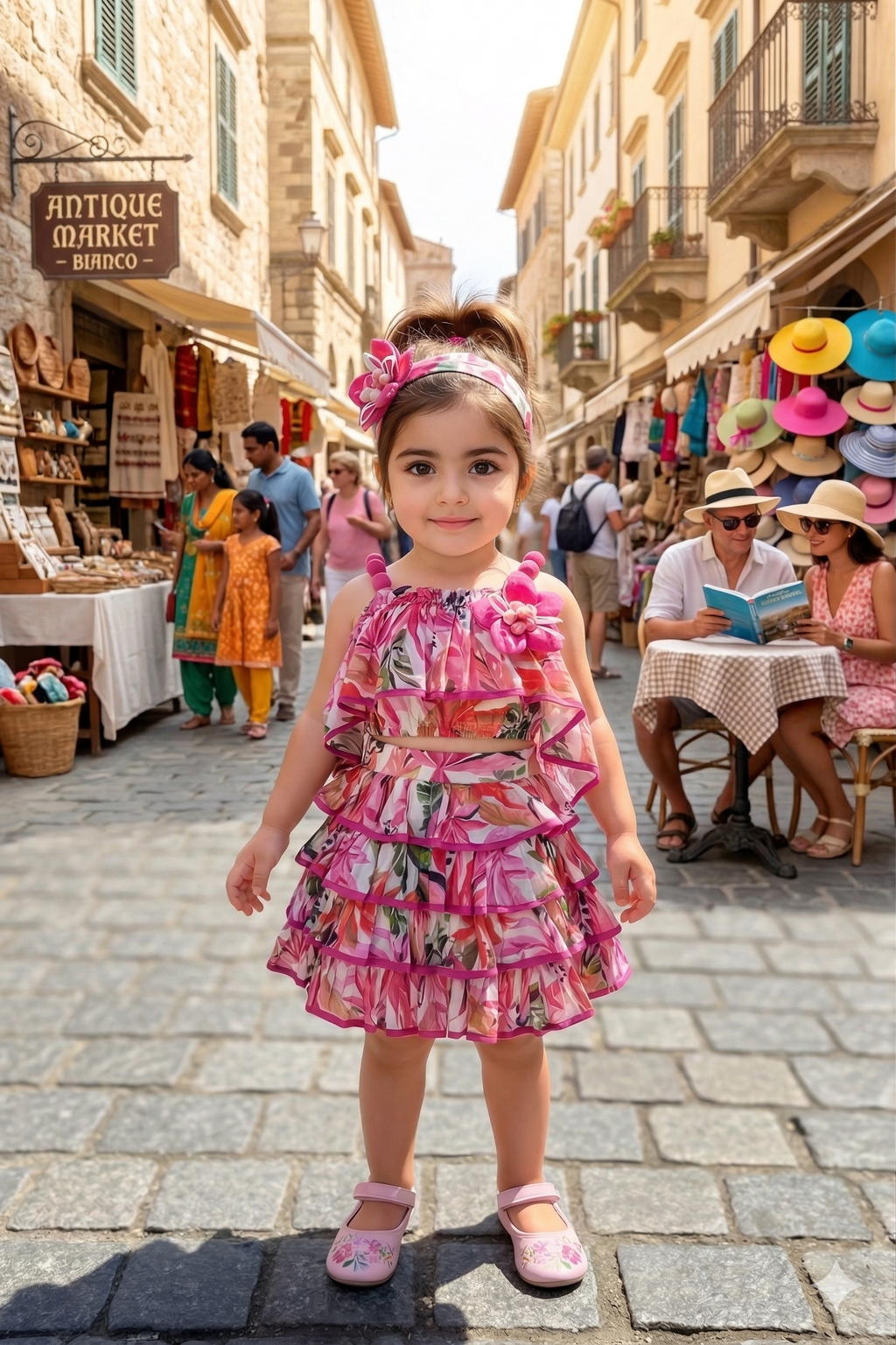 Vibrant Pink Floral Ruffled Two-Piece Set for Girls | Summer Vacation Wear - Olecuzi