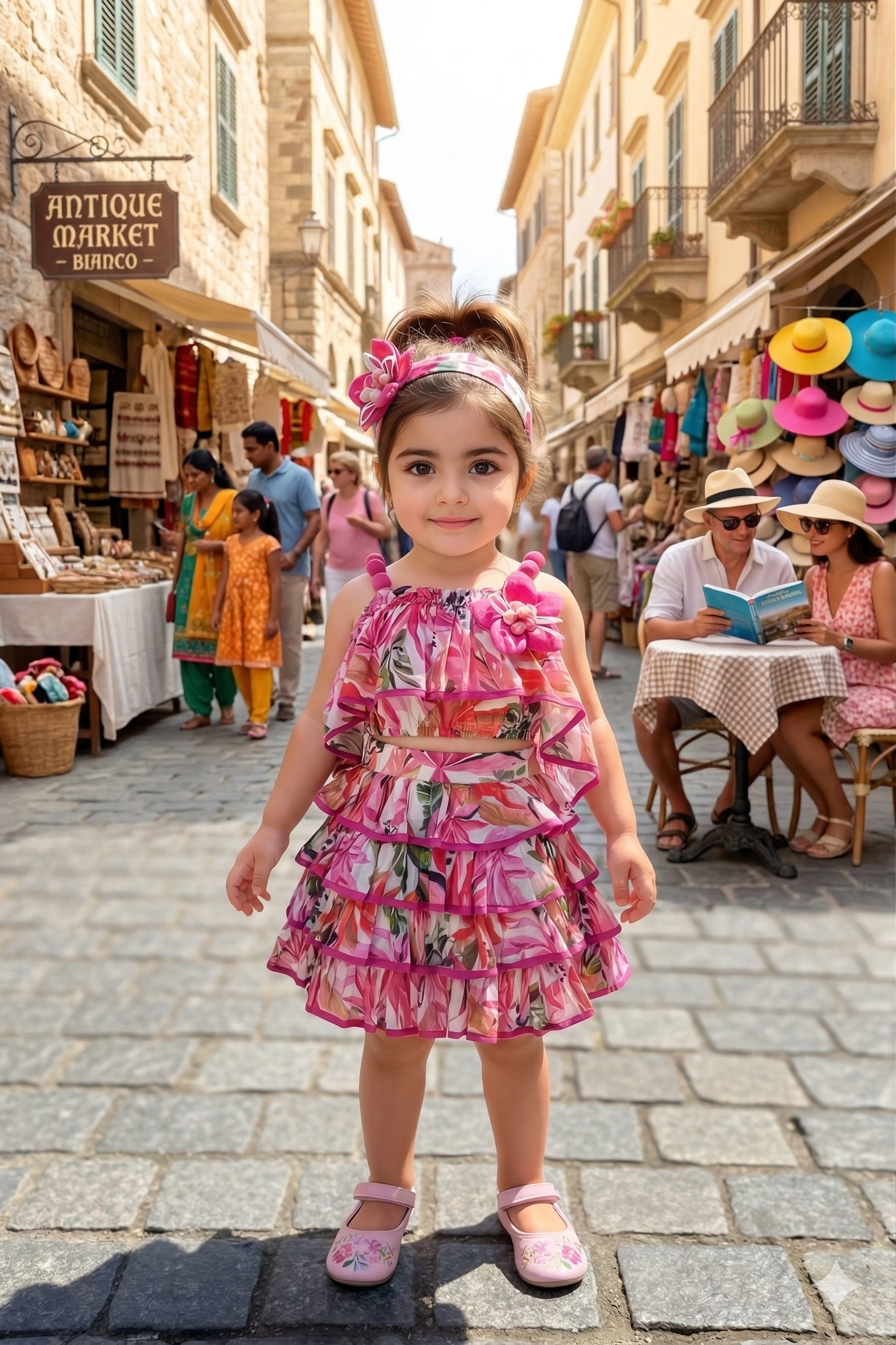 Vibrant Pink Floral Ruffled Two-Piece Set for Girls | Summer Vacation Wear - Olecuzi