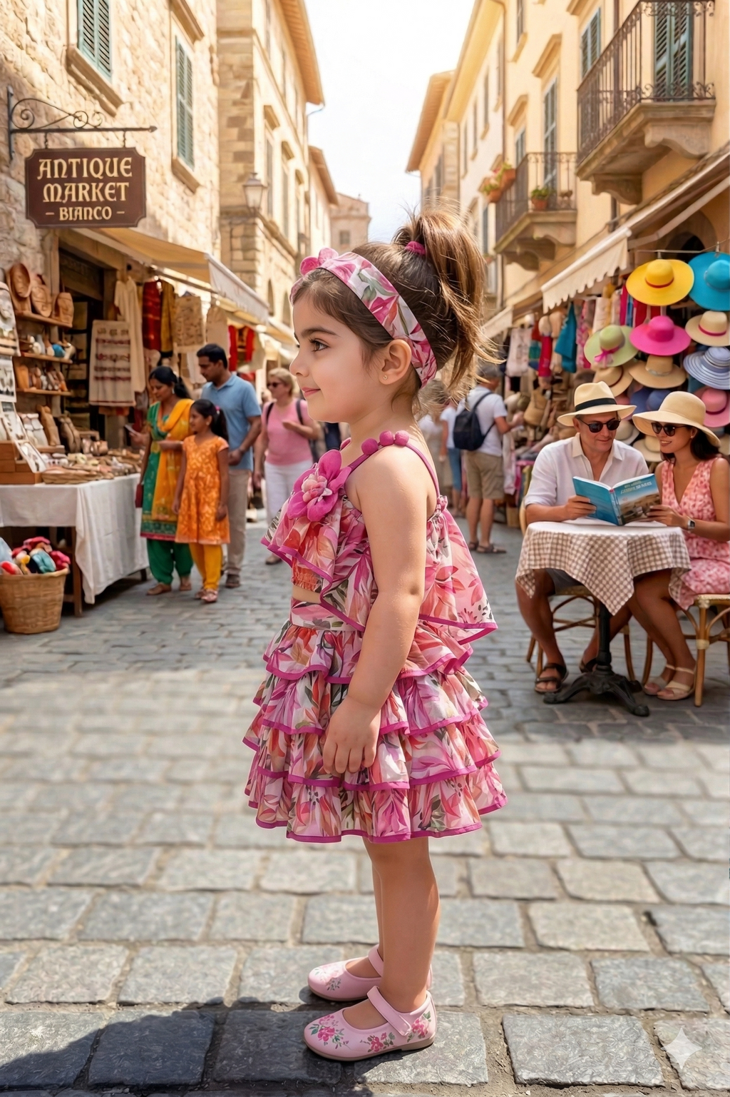 Vibrant Pink Floral Ruffled Two-Piece Set for Girls | Summer Vacation Wear - Olecuzi