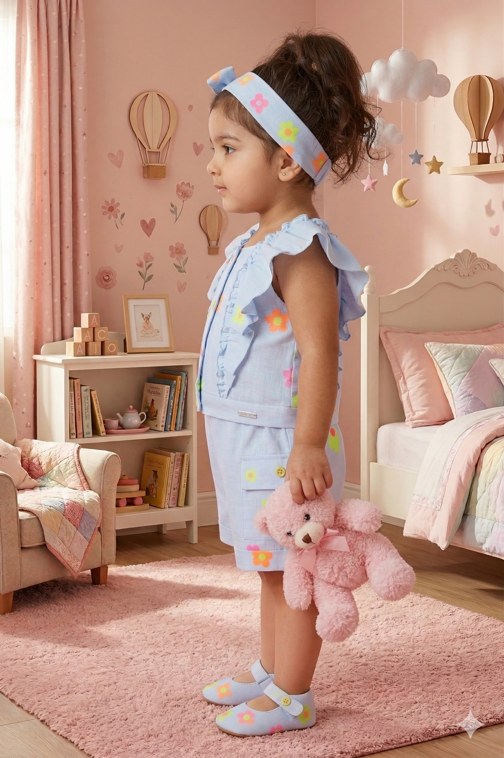 Adorable Baby Blue Floral Co-ord Set for Girls | Summer Casual Wear - Olecuzi