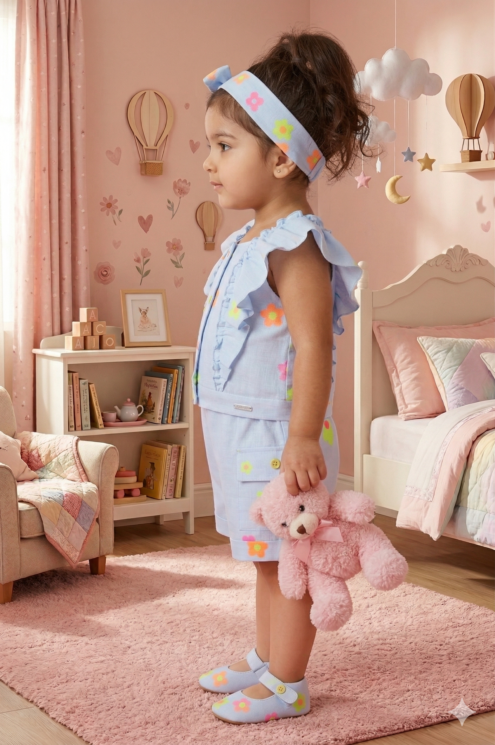Adorable Baby Blue Floral Co-ord Set for Girls | Summer Casual Wear - Olecuzi