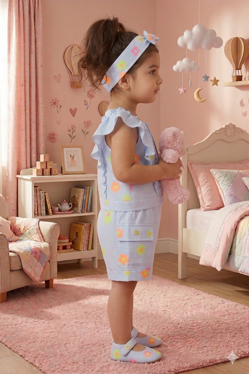 Adorable Baby Blue Floral Co-ord Set for Girls | Summer Casual Wear - Olecuzi