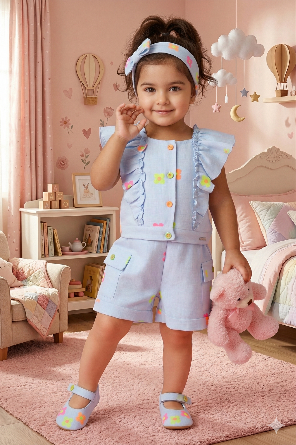Adorable Baby Blue Floral Co-ord Set for Girls | Summer Casual Wear - Olecuzi