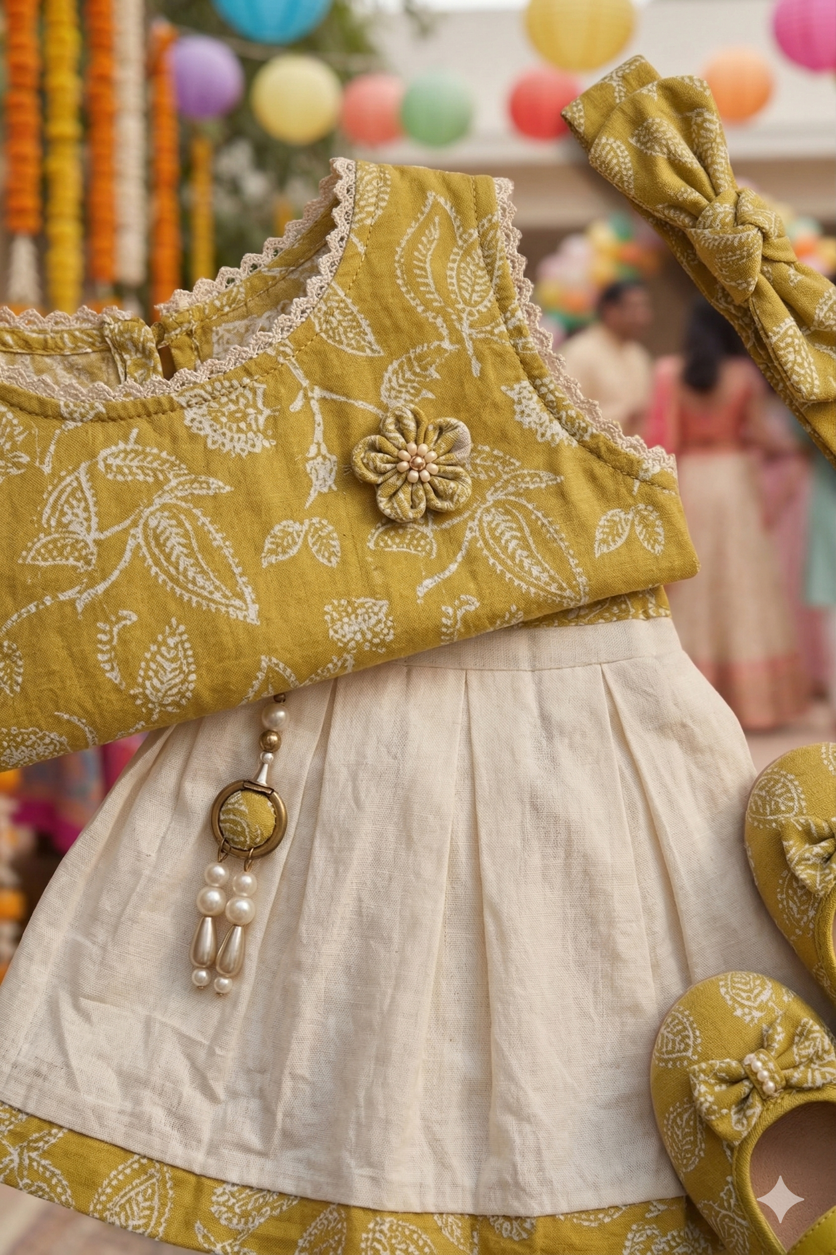 Traditional Mustard Floral Ethnic Set for Girls | Festive Party Wear - Olecuzi