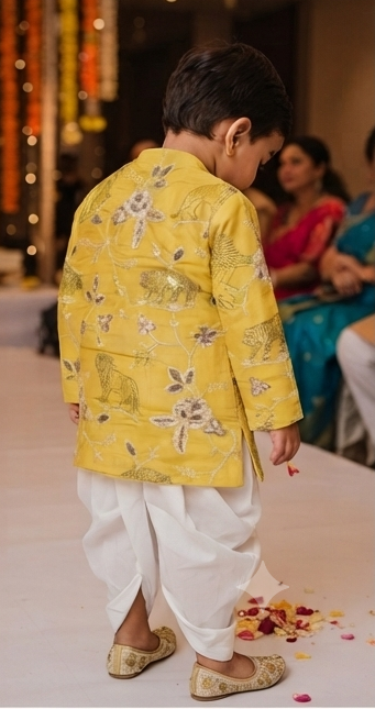 Kids Mustard Yellow Animal & Floral Embroidered Kurta with Dhoti Pants | Olecuzi