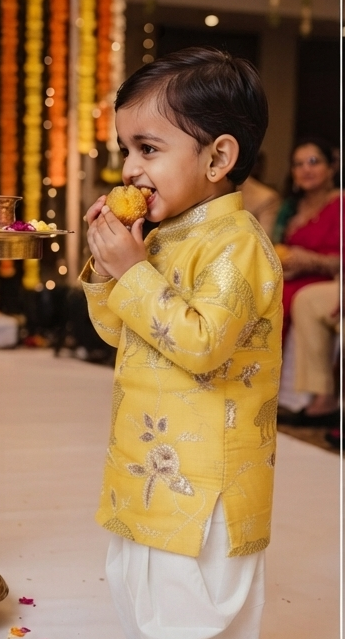Kids Mustard Yellow Animal & Floral Embroidered Kurta with Dhoti Pants | Olecuzi