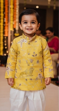 Kids Mustard Yellow Animal & Floral Embroidered Kurta with Dhoti Pants | Olecuzi