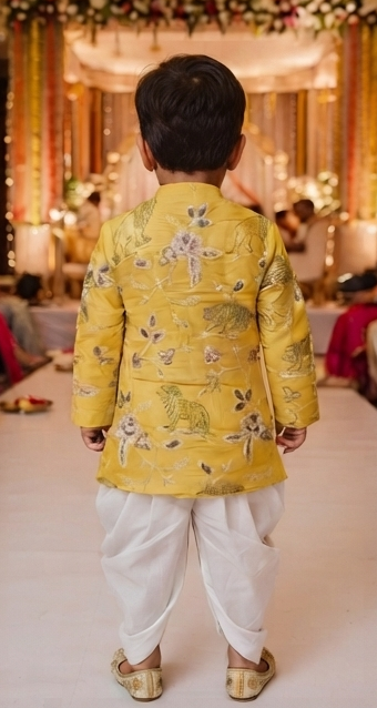 Kids Mustard Yellow Animal & Floral Embroidered Kurta with Dhoti Pants | Olecuzi