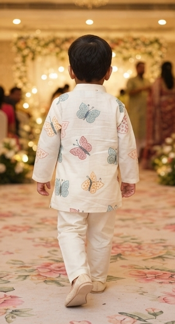 Boys Off-White Butterfly Embroidered Kurta Pyjama Set – Kids Festive Ethnic Wear