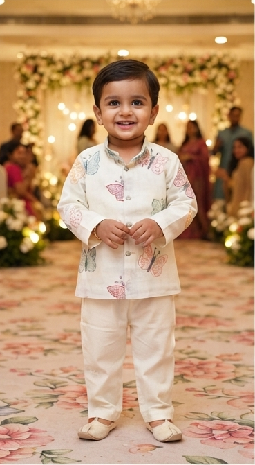 Boys Off-White Butterfly Embroidered Kurta Pyjama Set – Kids Festive Ethnic Wear