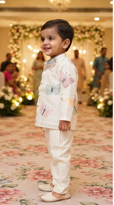 Boys Off-White Butterfly Embroidered Kurta Pyjama Set – Kids Festive Ethnic Wear