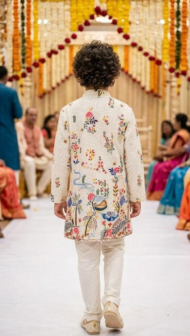 Boys Floral & Nature Embroidered Off-White Kurta Pyjama Set – Kids Festive Ethnic Wear