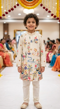 Boys Floral & Nature Embroidered Off-White Kurta Pyjama Set – Kids Festive Ethnic Wear