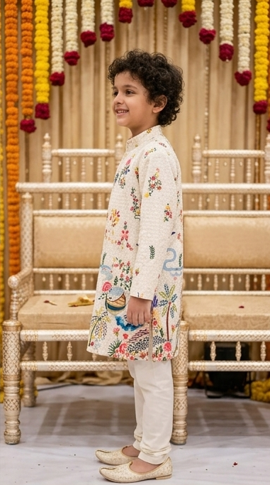 Boys Floral & Nature Embroidered Off-White Kurta Pyjama Set – Kids Festive Ethnic Wear