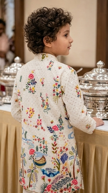 Boys Floral & Nature Embroidered Off-White Kurta Pyjama Set – Kids Festive Ethnic Wear