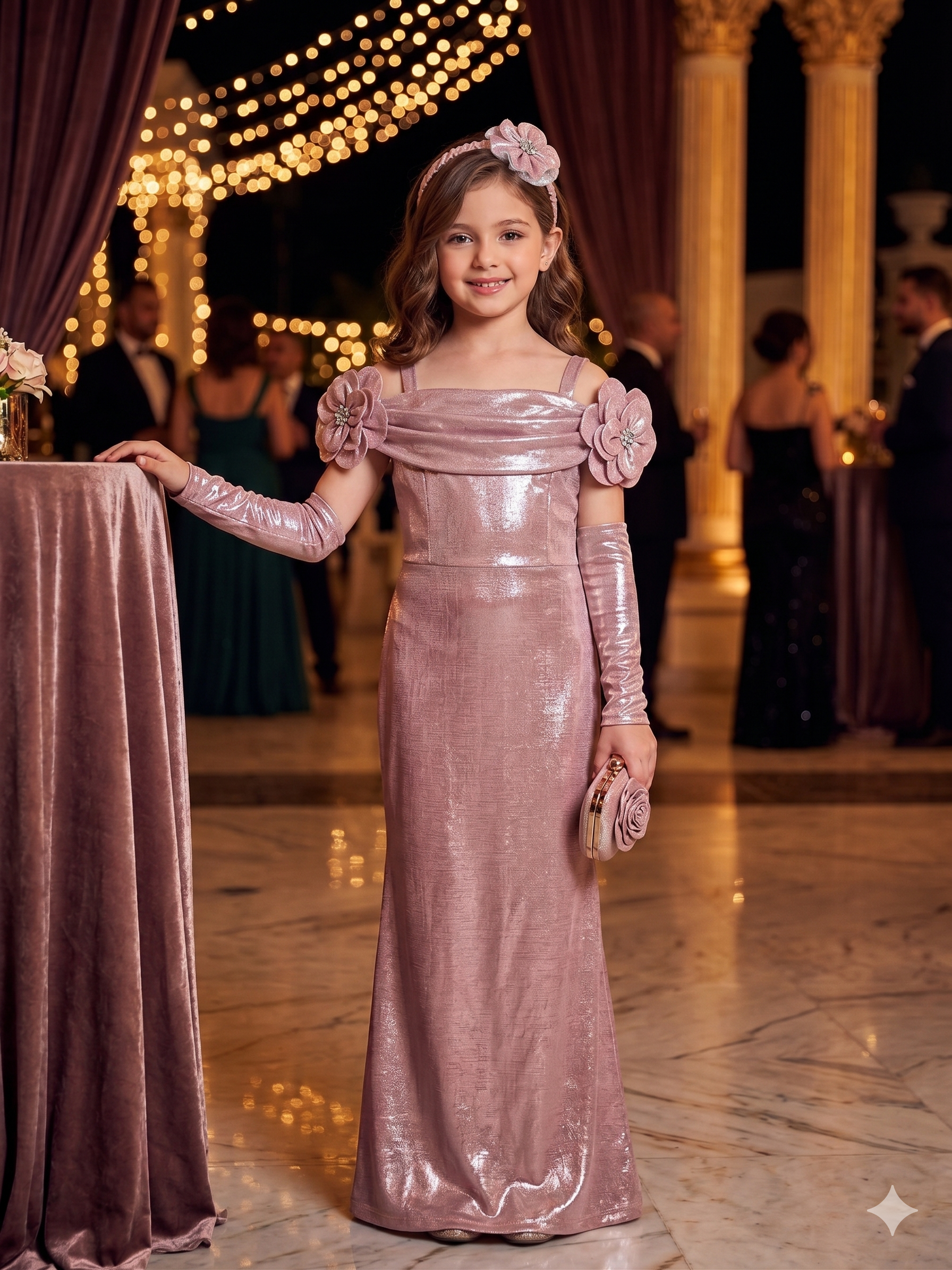 Elegant Metallic Pink Evening Gown for Girls | Party Wear Dress - Olecuzi