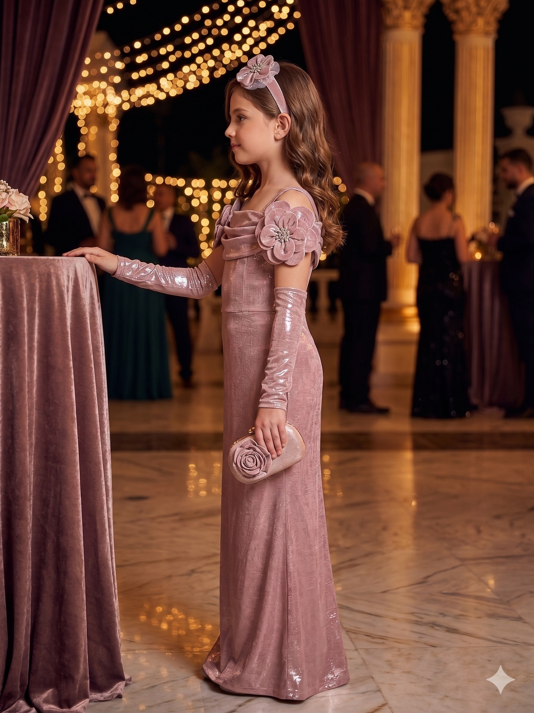 Elegant Metallic Pink Evening Gown for Girls | Party Wear Dress - Olecuzi