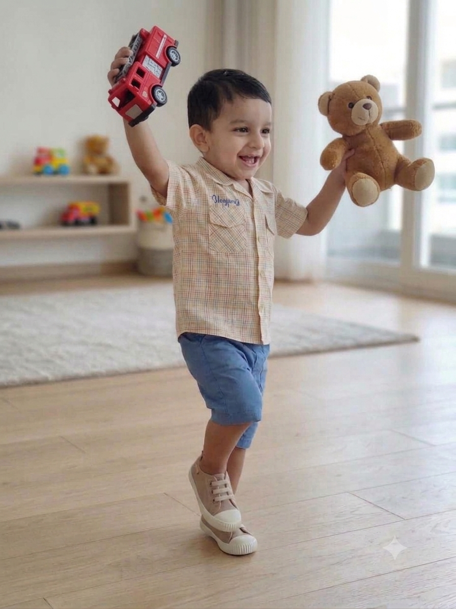 Olecuzi Baby Boys 3-Piece Summer Outfit Set – Plaid Shirt, Yellow Tee & Blue Shorts