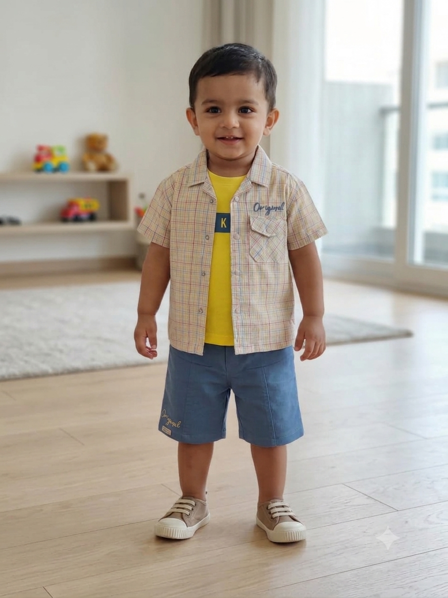 Olecuzi Baby Boys 3-Piece Summer Outfit Set – Plaid Shirt, Yellow Tee & Blue Shorts