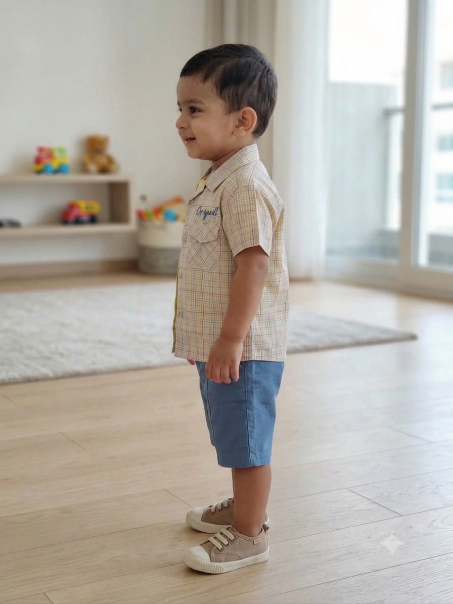 Olecuzi Baby Boys 3-Piece Summer Outfit Set – Plaid Shirt, Yellow Tee & Blue Shorts