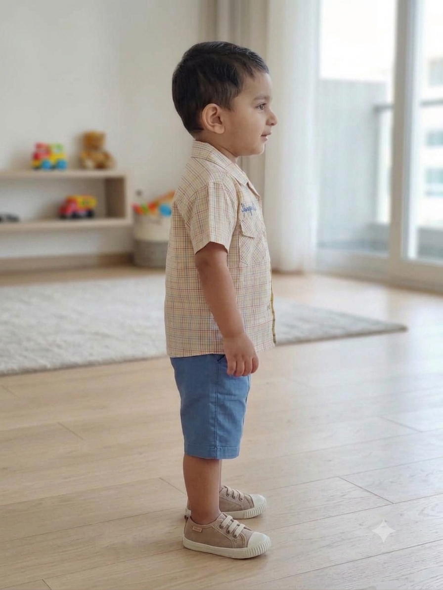 Olecuzi Baby Boys 3-Piece Summer Outfit Set – Plaid Shirt, Yellow Tee & Blue Shorts