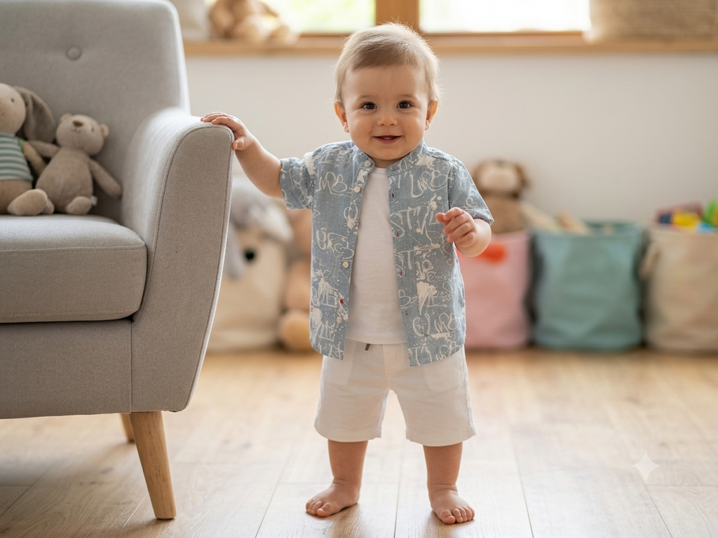 Olecuzi Baby Boys 3-Piece Summer Outfit Set – Blue Printed Shirt, White Tee & Shorts