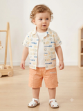 Olecuzi Baby Boys 3-Piece Summer Outfit Set – Cream Printed Shirt, White Tee & Peach Shorts